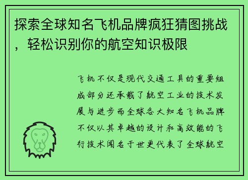 探索全球知名飞机品牌疯狂猜图挑战，轻松识别你的航空知识极限